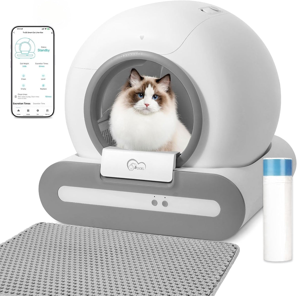 DuDuPet Ti+ automatic cat litter box with app control, litter mat and cat shown at the entrance
